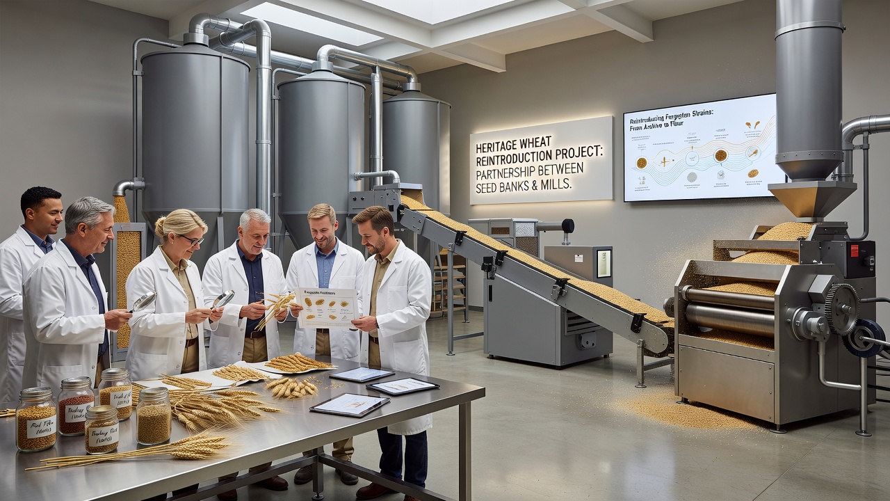 Commercial mill workers inspecting heritage wheat grain during intake and quality assessment